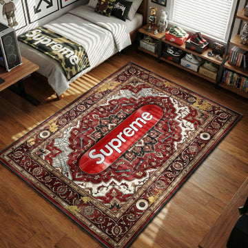 Supreme red skateboard deck on vintage persian pattern hypebeast area rug