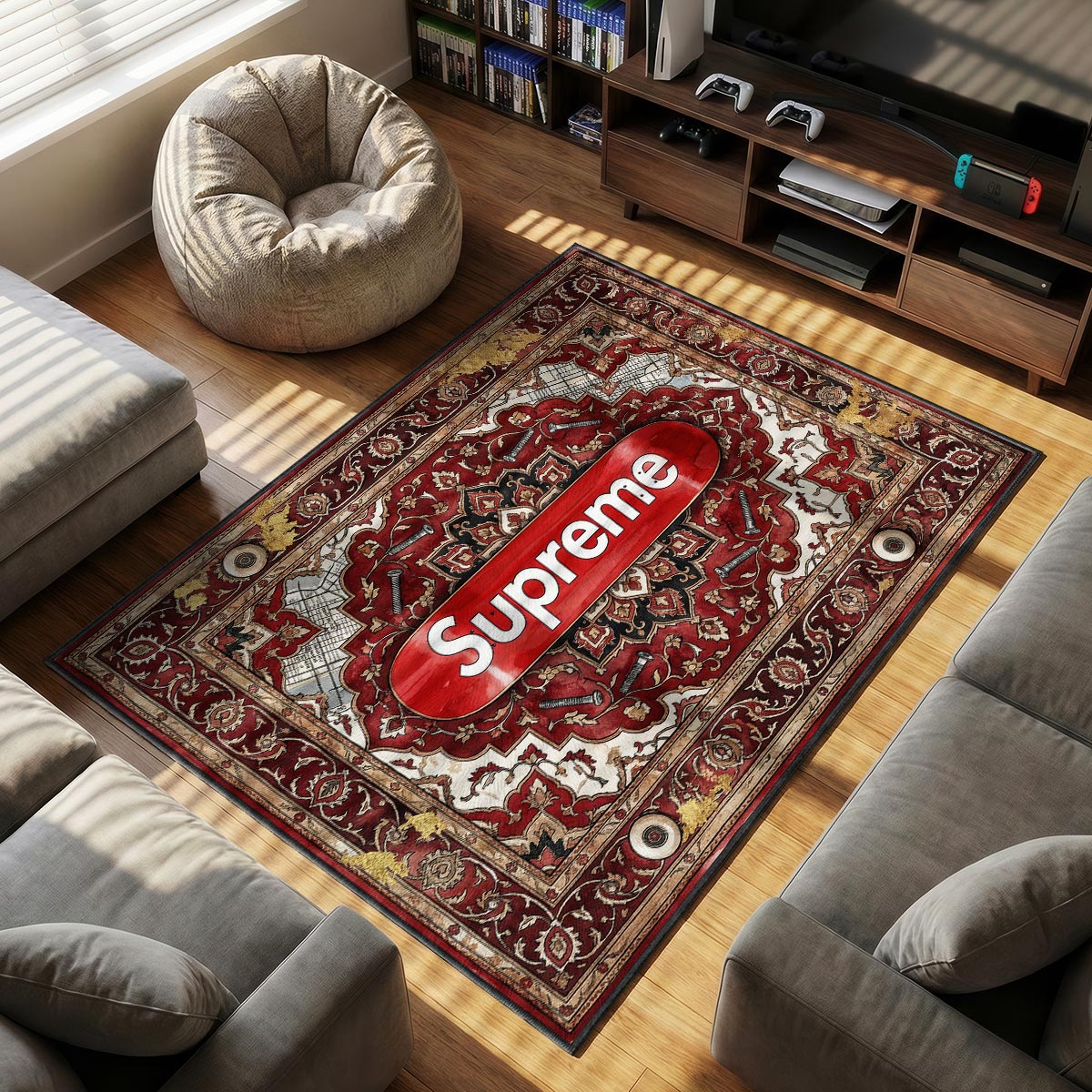 Supreme Skateboard themed area rug for home decor fans