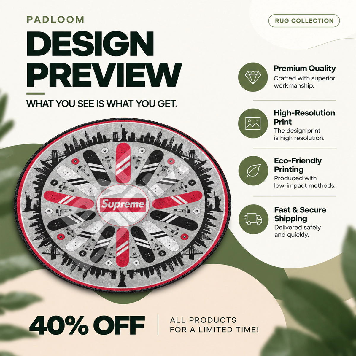 Supreme Skateboard hypebeast round rug full design preview