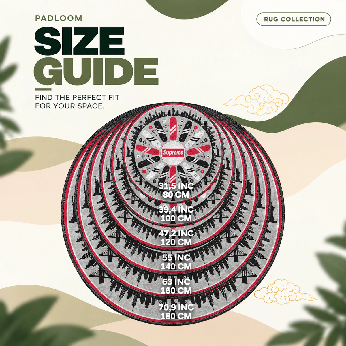 Supreme Skateboard round rug size guide, 80 to 180 cm (31.5 to 70.9 in)