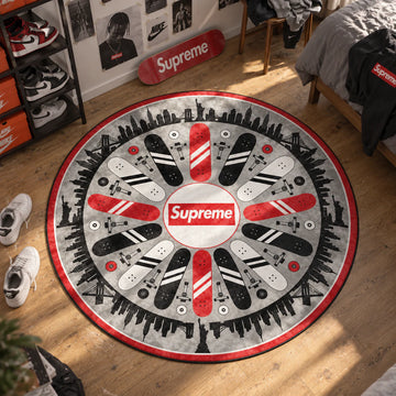 Supreme Skateboard hypebeast round rug on a bedroom floor - hypebeast chair mat