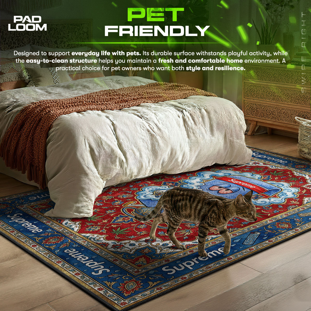 Detailed close-up of Supreme rug pattern