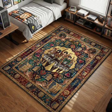 Survey Corps soldiers Eren Mikasa and Levi standing in formation with Attack Titan background in vintage tapestry style area rug and floor mat