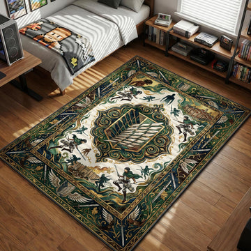 Survey Corps soldiers using ODM gear around the Wings of Freedom crest in a vintage fantasy map style area rug and floor mat