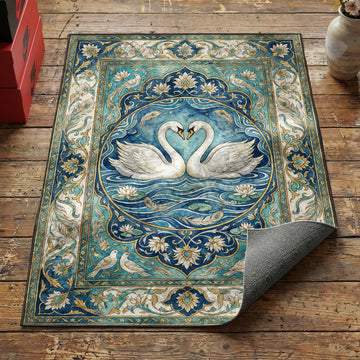 Valentine's swan heart area rug with two white swans forming heart on teal water with lotus border