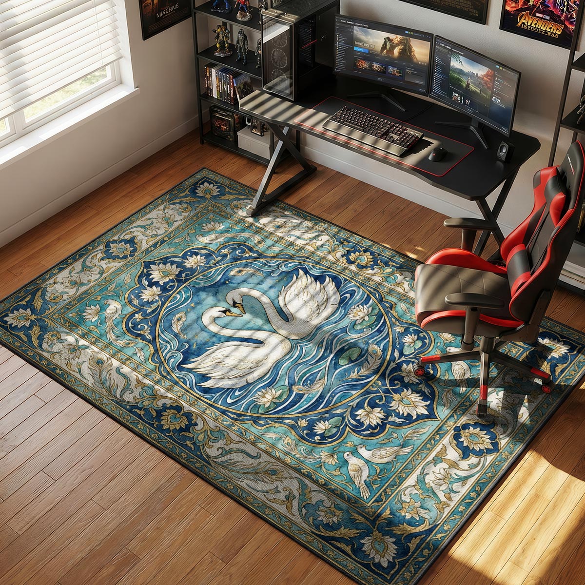 Swan heart rug placed in a master bedroom with ivory linens and soft blue wall tones