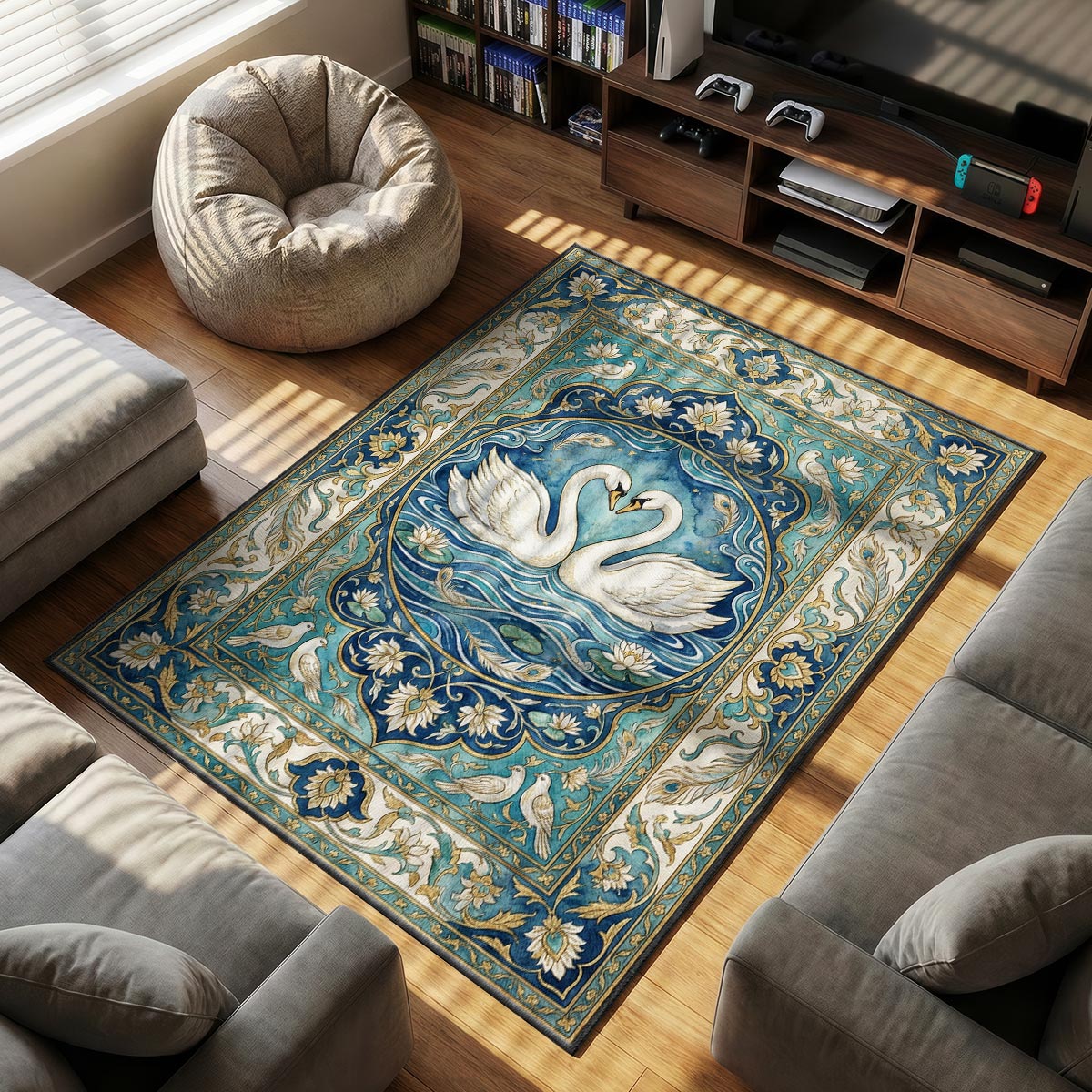 Detail of swan heart rug showing feather texture and gold lotus scrollwork on plush surface