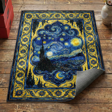 Post-impressionist swirling night sky area rug with stars cypress and village on blue yellow border