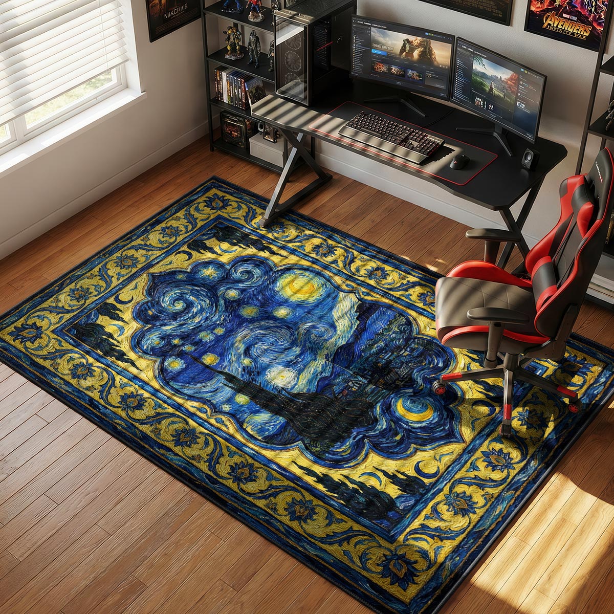 Swirling night sky rug placed in a bedroom with warm wood furniture and navy accent pillows