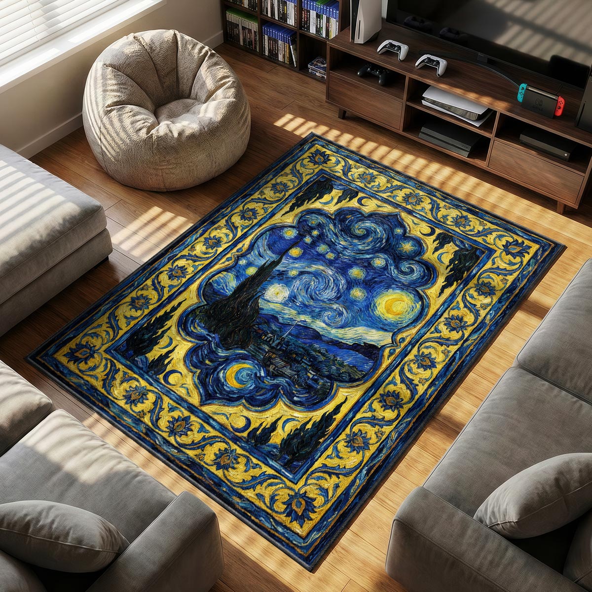 Close-up of swirling night rug showing impasto star burst texture and golden scroll border on velvet