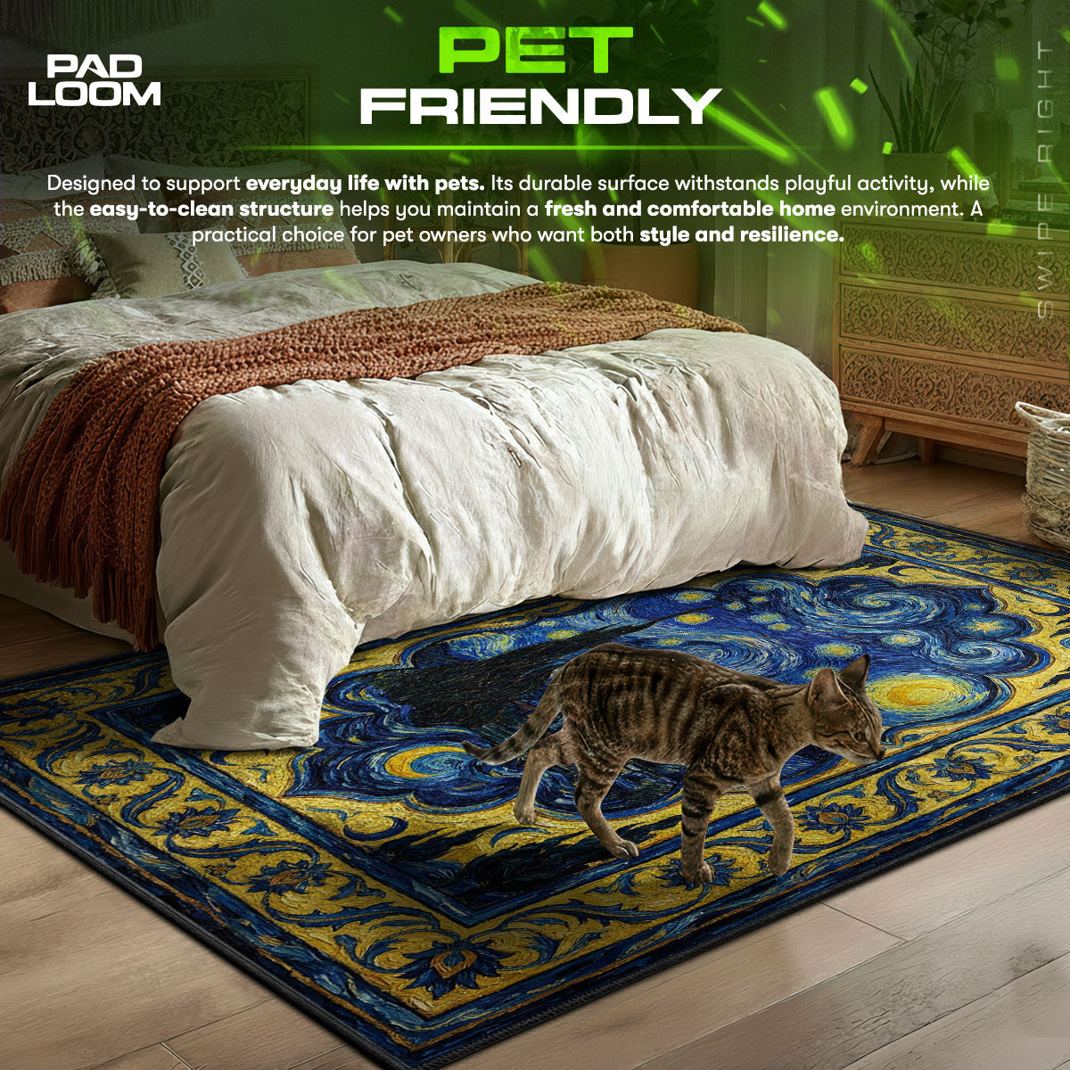 Swirling Night themed area rug for home decor fans