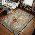 Beige baroque rug with tan Swoosh shoe box, orange tabs, and arrow border details in neutral sand colorway
