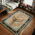 Tan Swoosh shoe box rug with beige baroque medallion and black arrow border in sand and green colorway