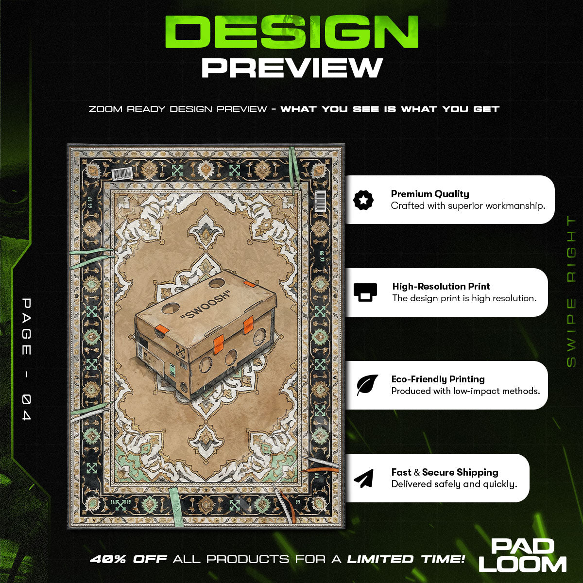 Swoosh Box Black Border Rug - Streetwear Floor Mat