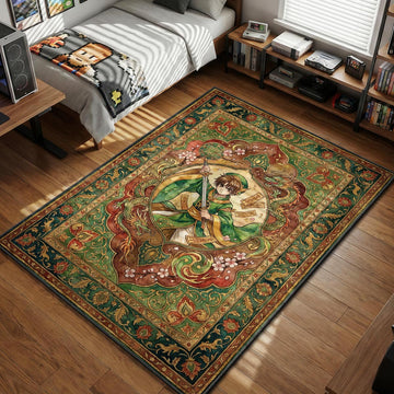 Syaoran Li holding sword and paper charms with green dragon background traditional art style area rug and floor mat