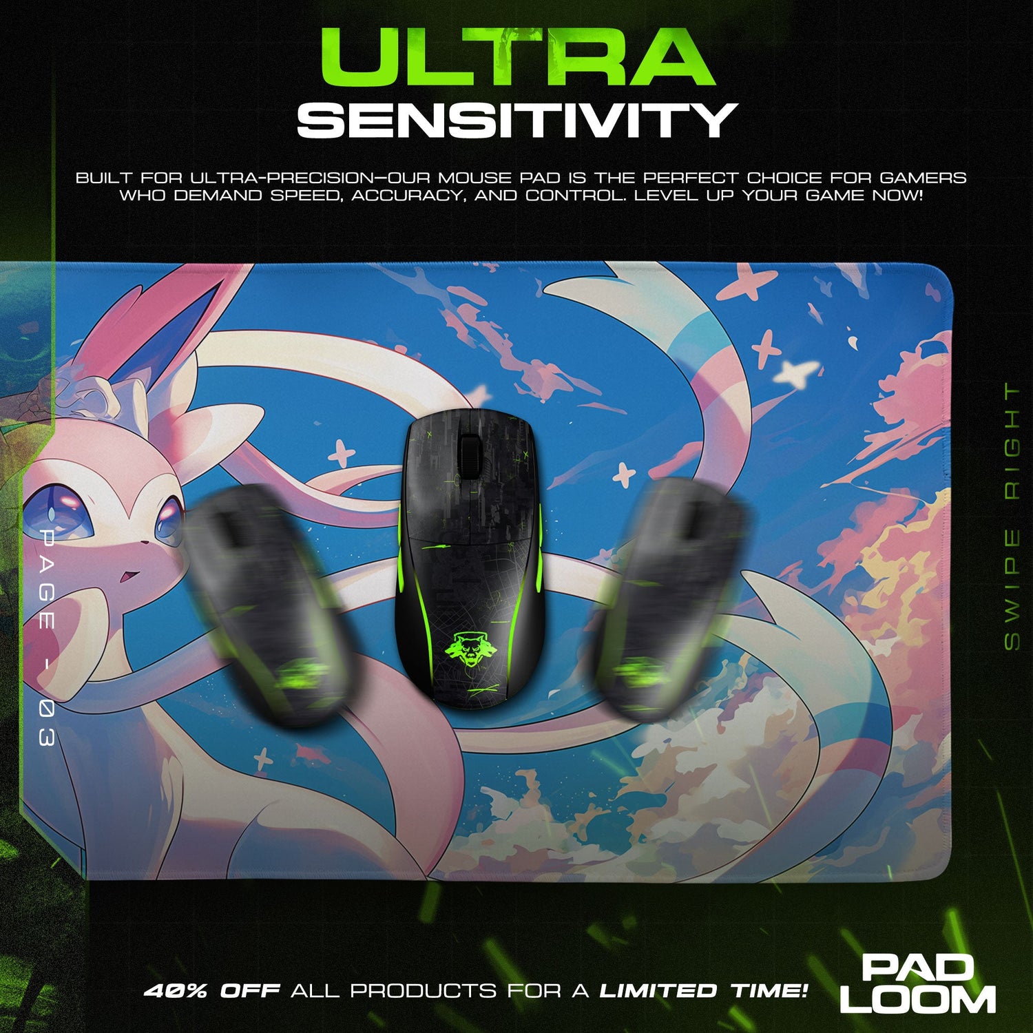 Sylveon Sky Ribbon Mouse Pad, Pokémon Fairy Type Gaming Desk Mat Padloom