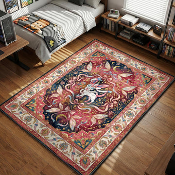 Sylveon standing amidst ribbons bows and celestial motifs in an ornate pink and blue watercolor style area rug and floor mat