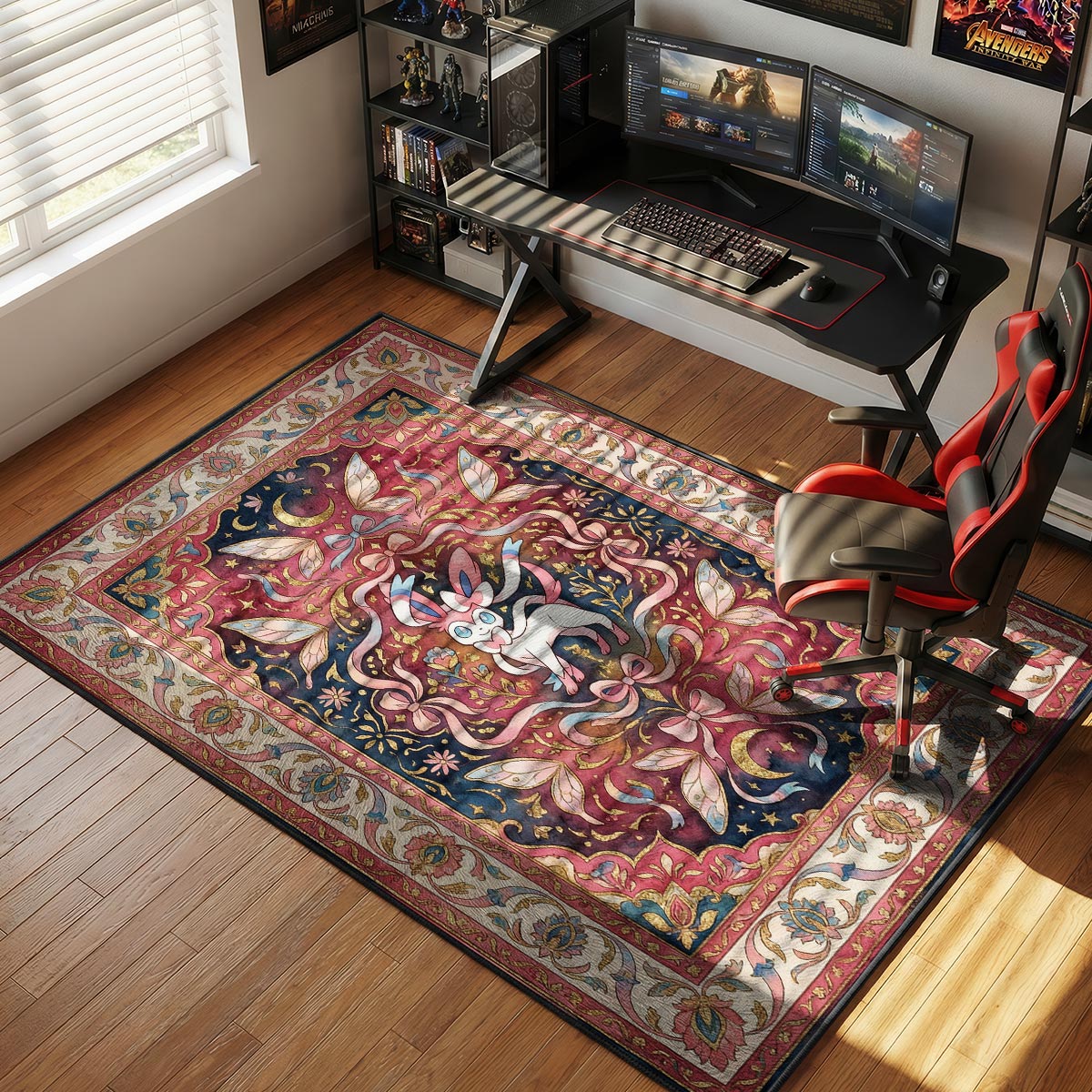 Sylveon standing amidst ribbons bows and celestial motifs in an ornate pink and blue watercolor style area rug and floor mat