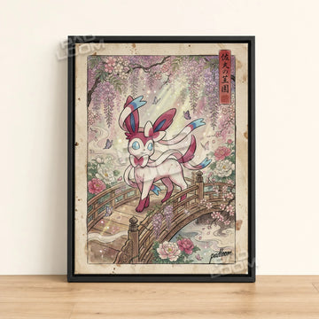 Sylveon Wisteria Pokemon poster - framed canvas wall art in a black frame