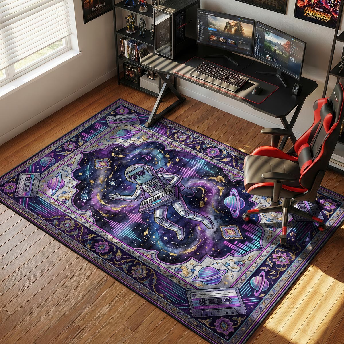 Synth space rug placed in a music room beside a keyboard stand with purple neon lighting