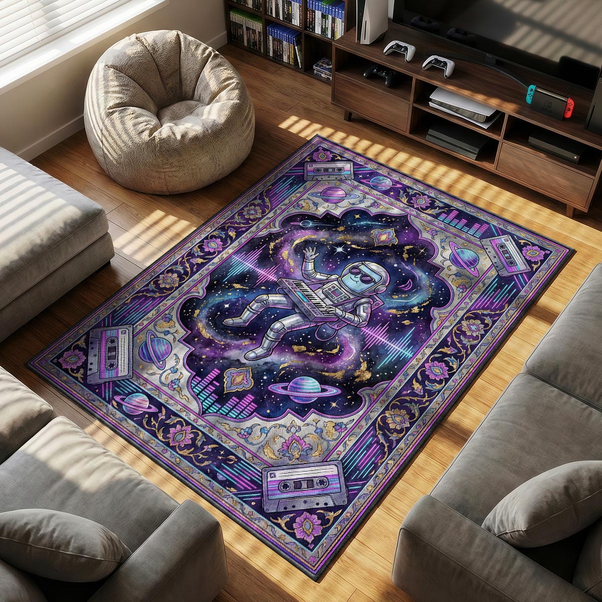 Close-up of synthesizer space area rug showing cyan sound wave detail and silver velvet texture