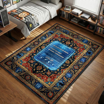 Solo Leveling System Window with Daily Quest text on ornate blue Persian style area rug and floor mat