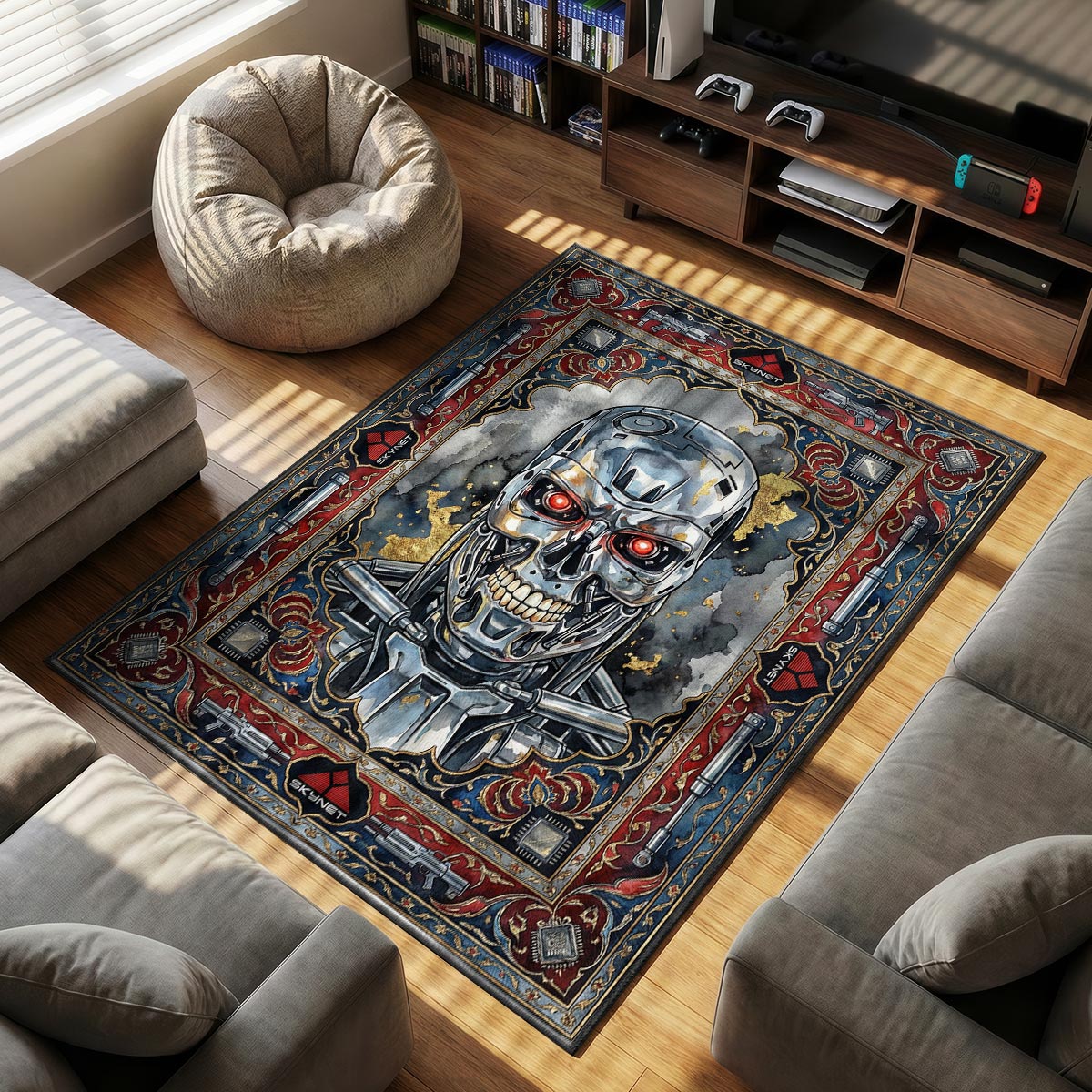 T Endoskeleton themed area rug for home decor fans