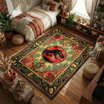 T-Rex logo with amber and DNA strands vintage botanical movie themed area rug and home theater mat
