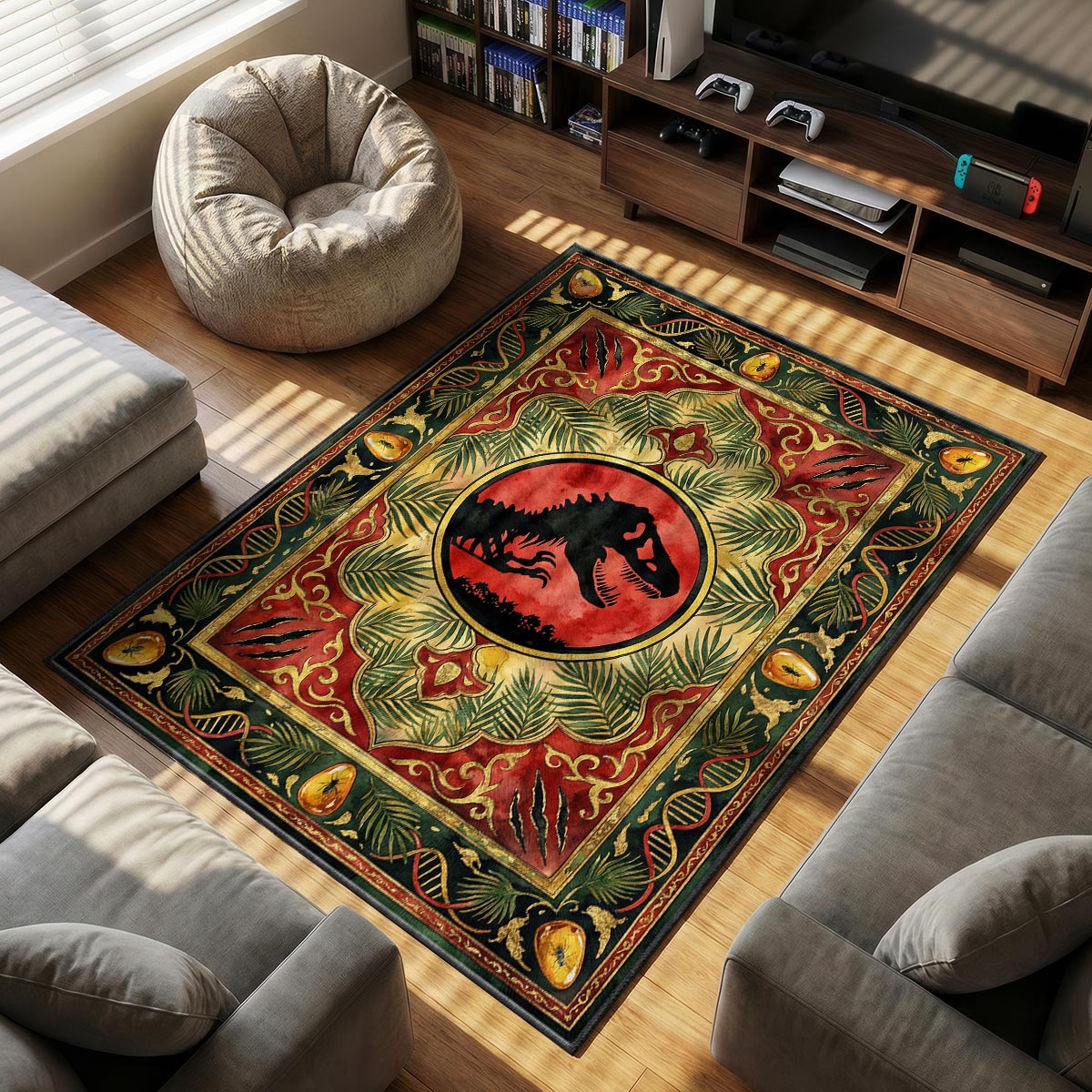 T Rex themed area rug for home decor fans