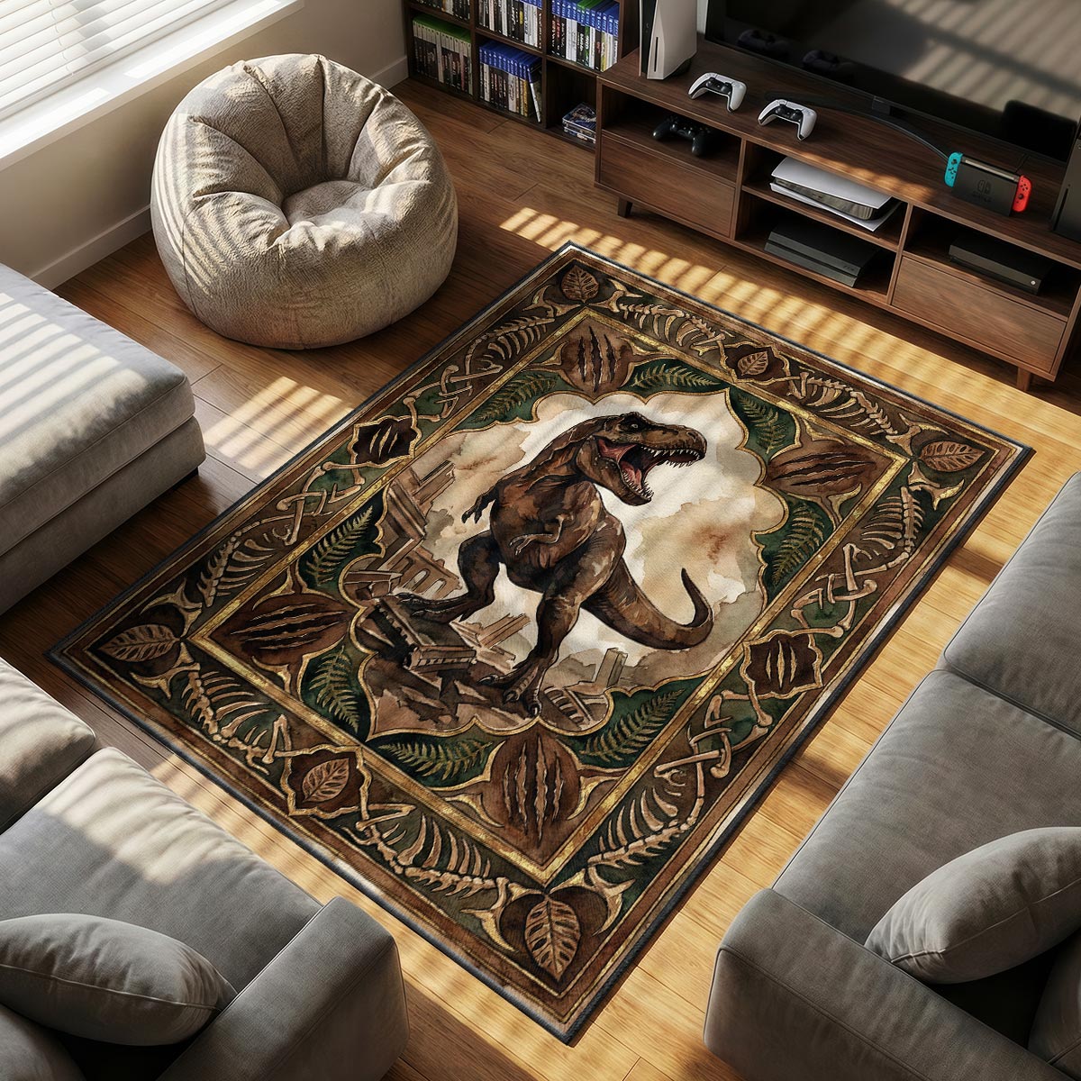 T Rex themed area rug for home decor fans