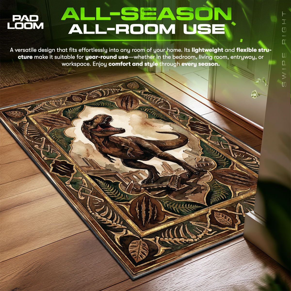 T Rex Ancient Ruin Jurassic Park Room fan rug — premium quality print