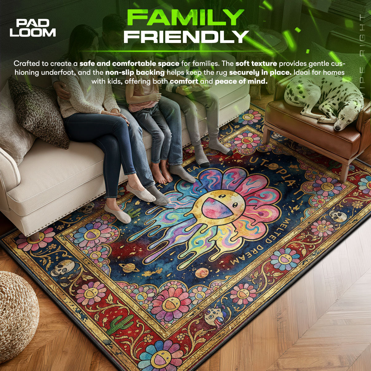 Murakami area rug showing full home decor artwork