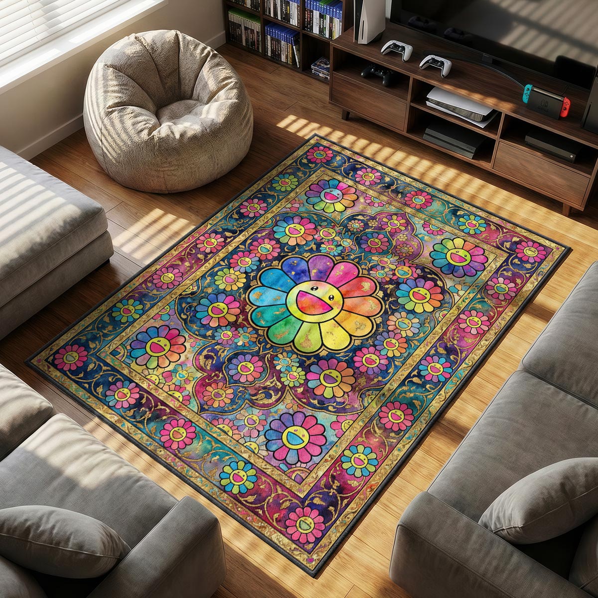 Takashi Murakami themed area rug for home decor fans
