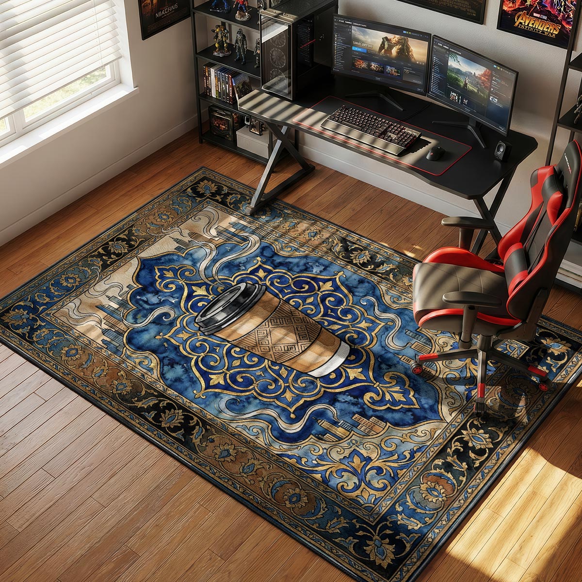 Takeaway coffee kitchen rug on dark tile floor in a modern apartment kitchen with city view