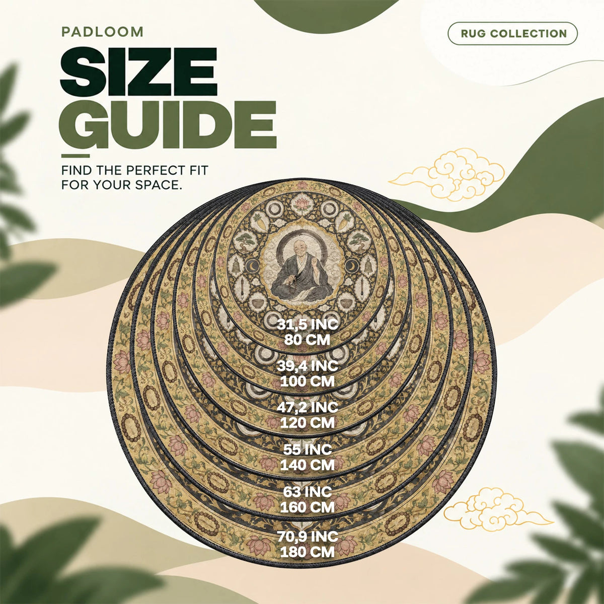 Takuan Teaching round rug size guide, 80 to 180 cm (31.5 to 70.9 in)