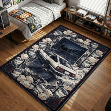 White Toyota AE86 Trueno drifting on a mountain pass at night surrounded by tofu blocks, water cups, and RPM gauges on an Initial D rug.