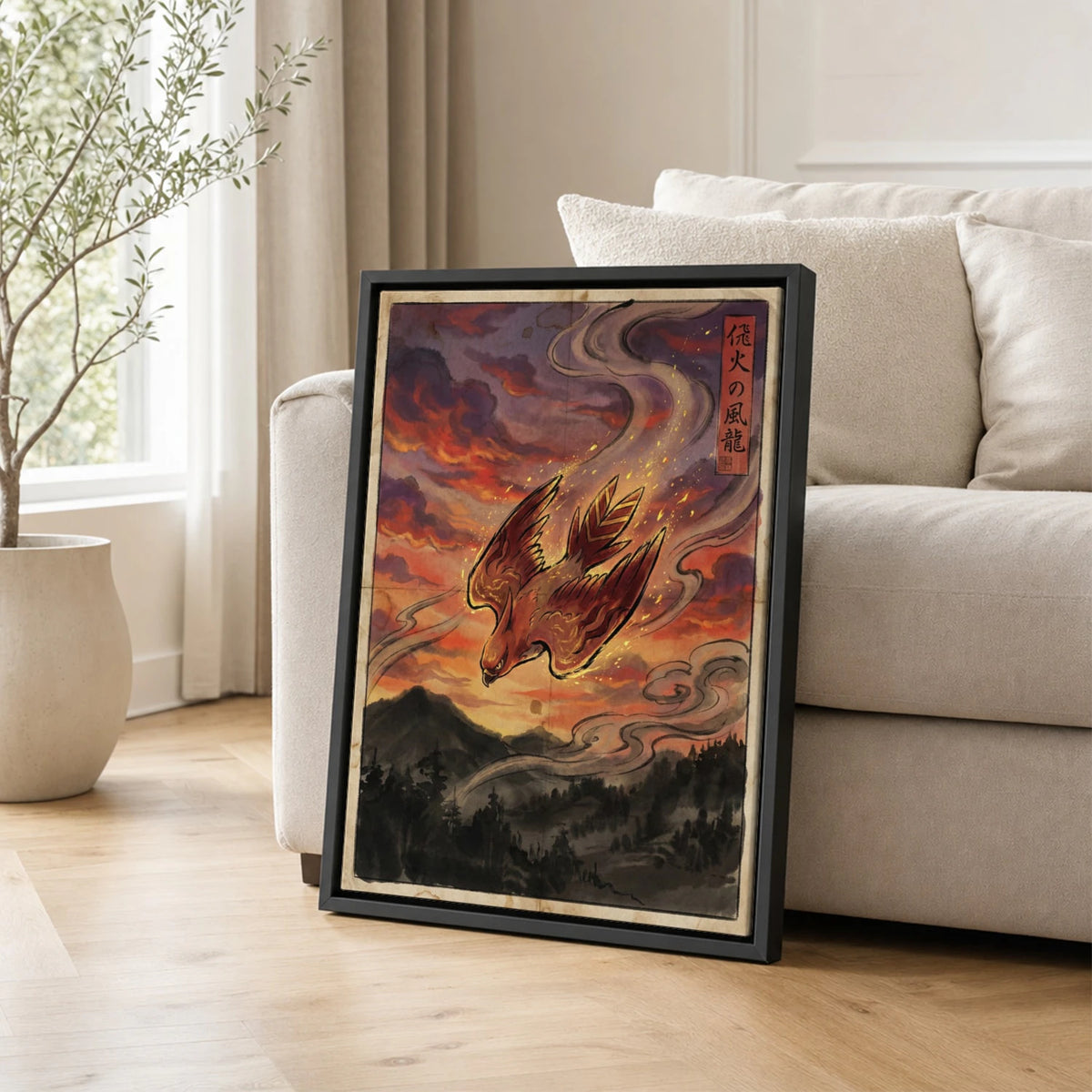 Talonflame Diving Pokemon poster leaning beside a sofa - living room wall art