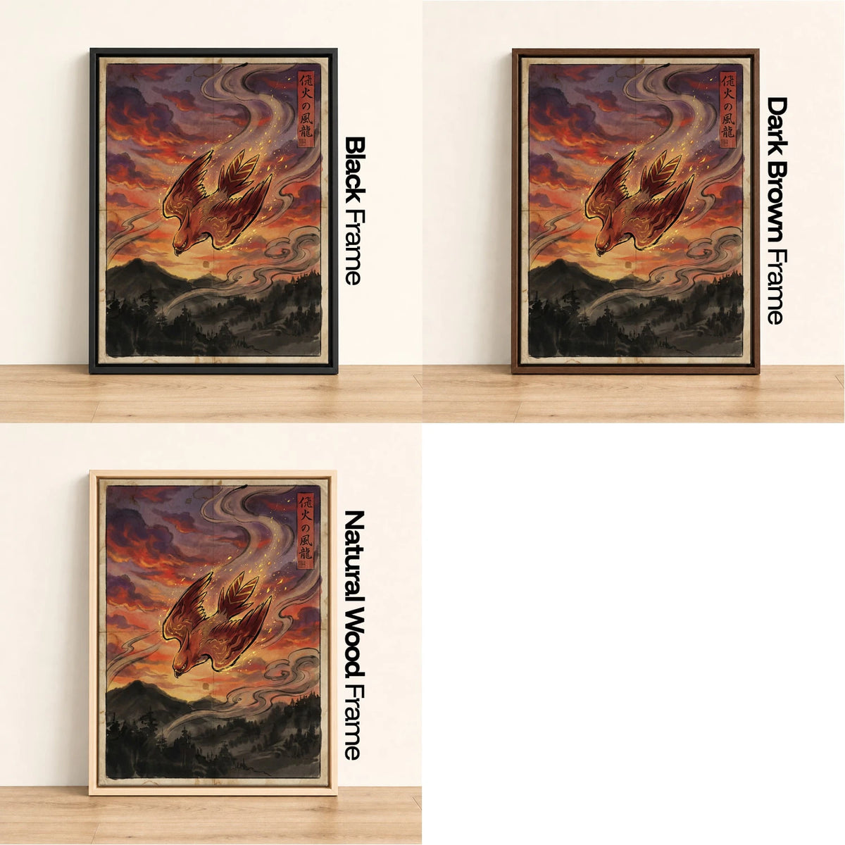 Talonflame Diving Pokemon wall art - black, dark brown and natural wood frame options