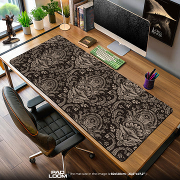 Tan Damask Mouse Pad, Dark Baroque Floral Gaming Desk Mat