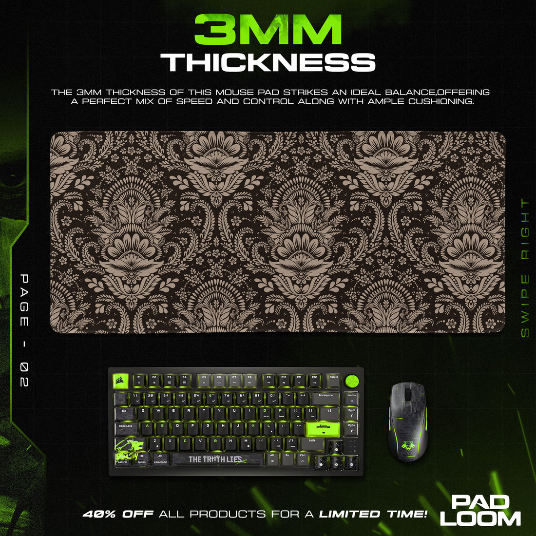 Tan Damask Mouse Pad, Dark Baroque Floral Gaming Desk Mat
