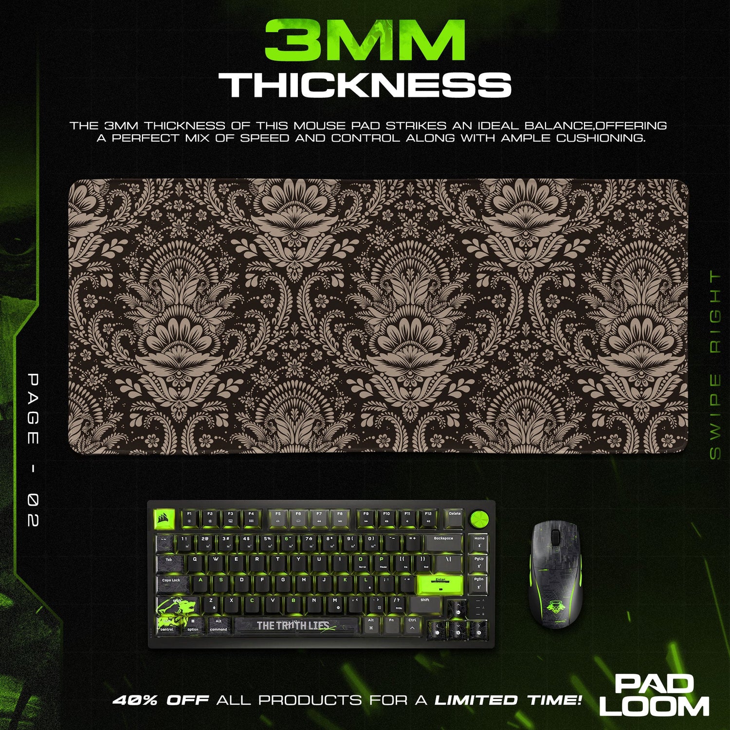Tan Damask Mouse Pad, Dark Baroque Floral Gaming Desk Mat Padloom