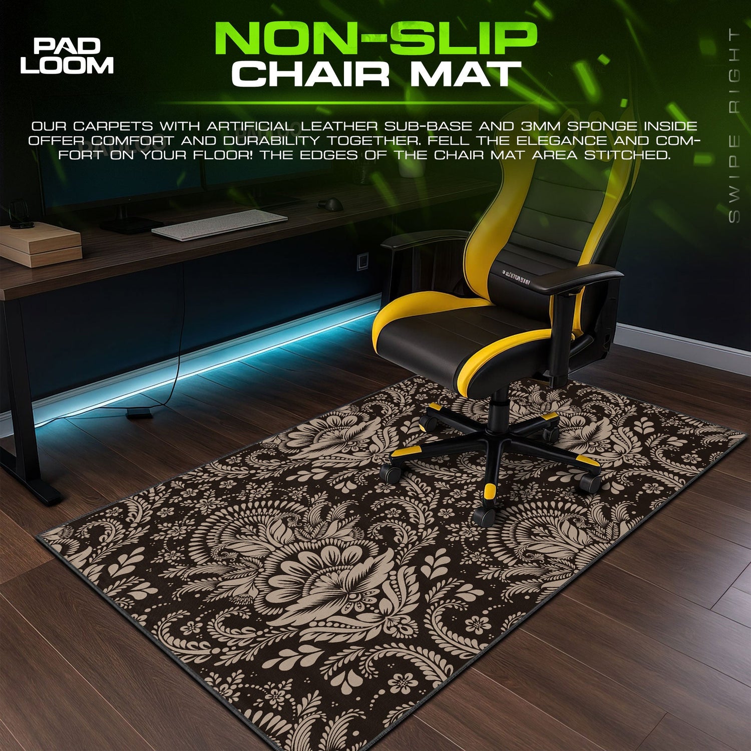 Tan Damask Mouse Pad, Dark Baroque Floral Gaming Desk Mat Padloom
