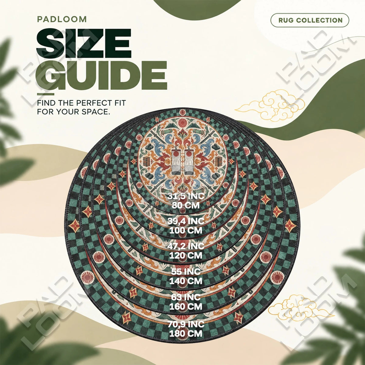 Tanjiro Hanafuda round rug size guide, 80 to 180 cm (31.5 to 70.9 in)