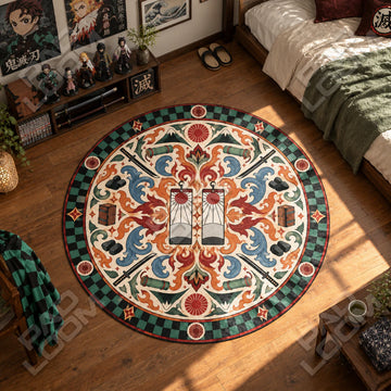 Tanjiro Hanafuda Demon Slayer round rug on a bedroom floor - Demon Slayer chair mat