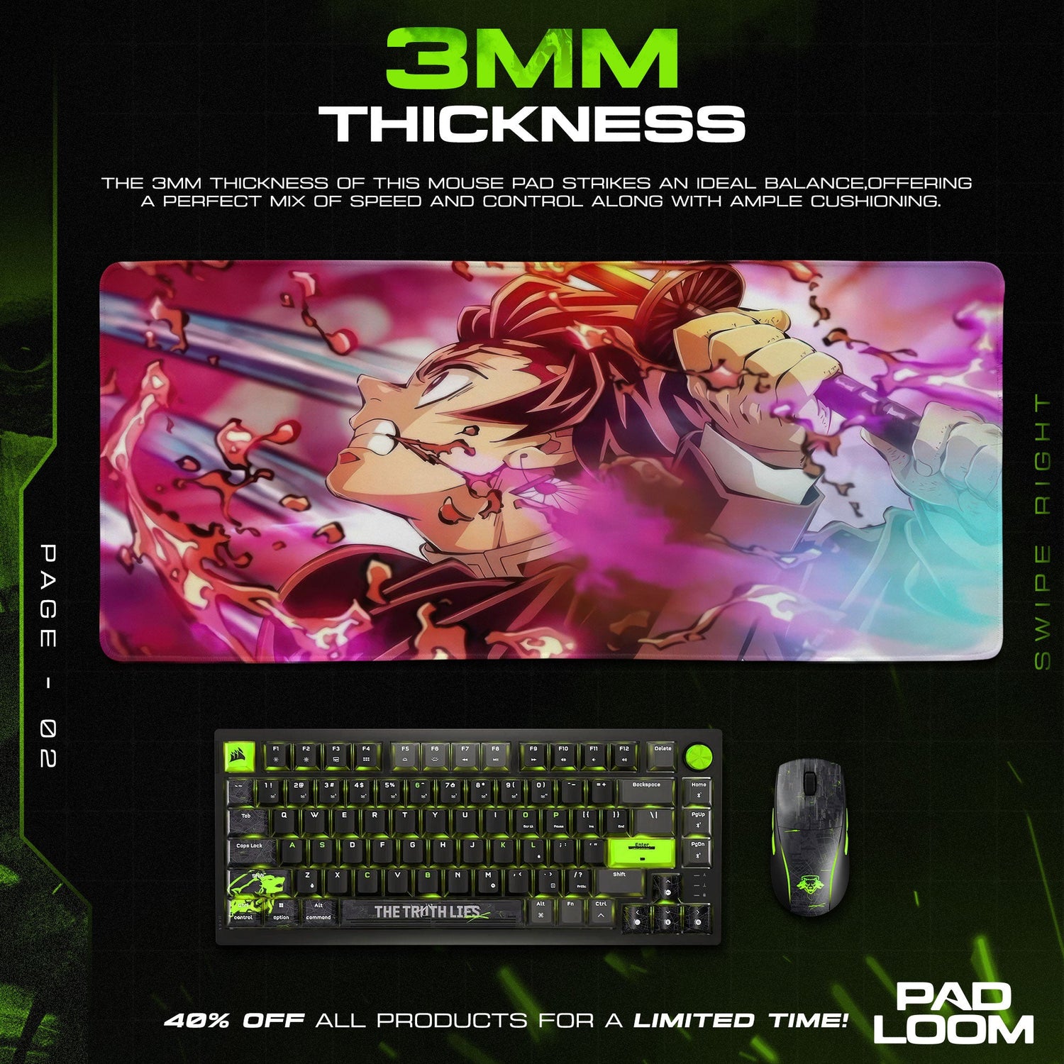 Tanjiro Kamado Rage Slash Mouse Pad, Demon Slayer Gaming Desk Mat Padloom