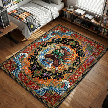 Tanjiro Kamado wielding sword with water and fire breathing effects amidst wisteria flowers in Persian style area rug and floor mat
