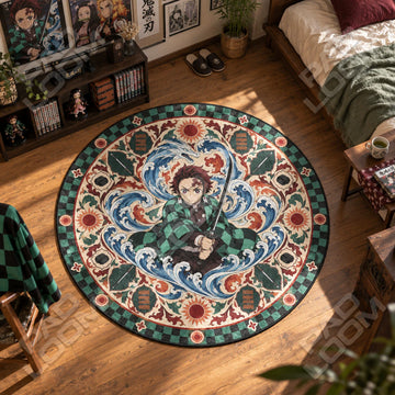 Tanjiro Water Demon Slayer round rug on a bedroom floor - Demon Slayer chair mat