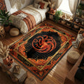 Three-headed Targaryen dragon sigil burning in runic flames in a fantasy illustration style movie themed area rug and home theater mat