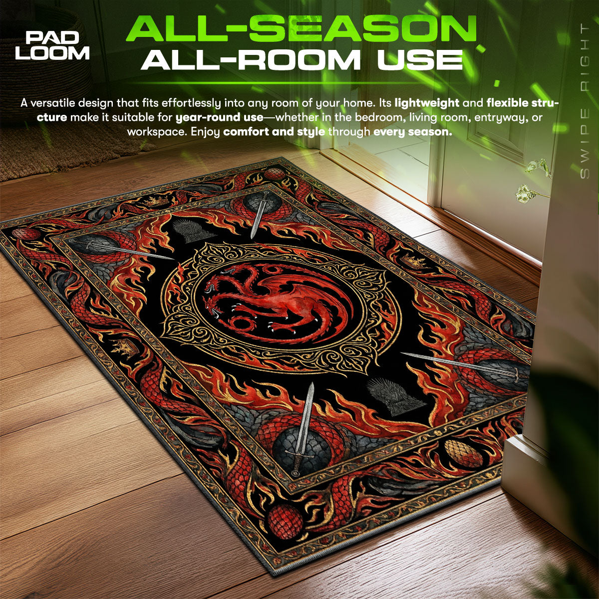 Targaryen Dragon Sigil Fire Game Thrones Room fan rug — premium quality print