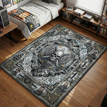Silver skull emblem with digital camo background and Task Force 141 character portraits gaming area rug and floor mat